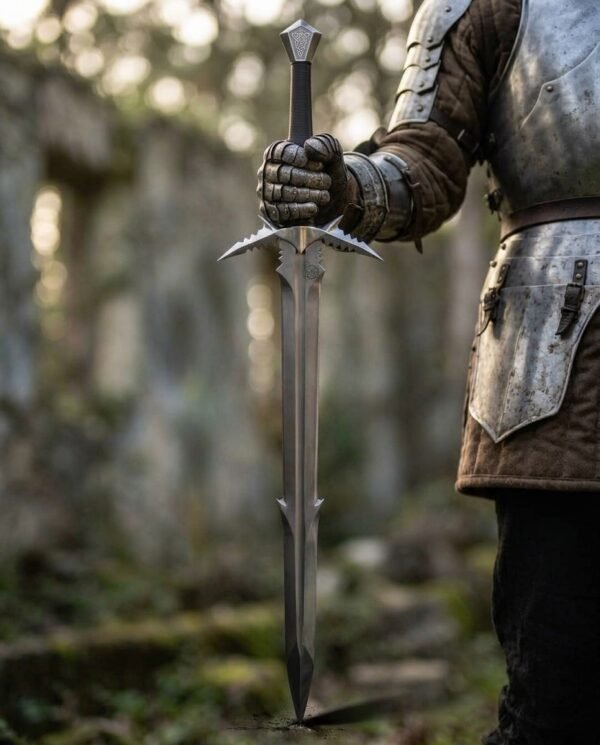 High carbon steel fantasy sword with barbed serrated guard and hooked blade spurs held point down by a knight in armour