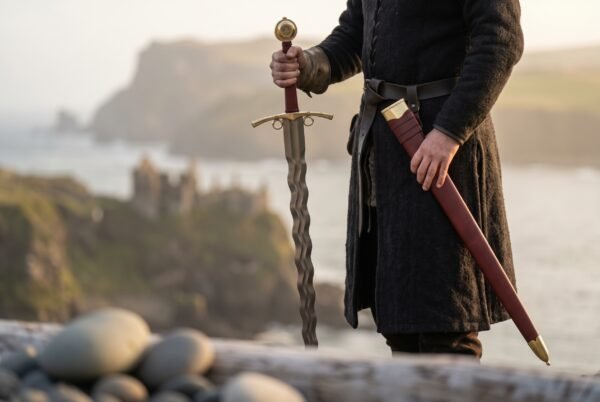 High carbon steel flamberge sword with wavy blade, brass ring guard and red grip held upright on a cliff above the sea