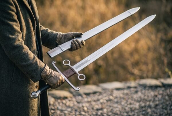 High carbon steel hand and a half sword with ring terminal guard held beside its polished steel scabbard in gloved hands