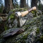 High carbon steel hand axe with chevron etched cheek and hammer poll standing on a mossy boulder beside its leather mask