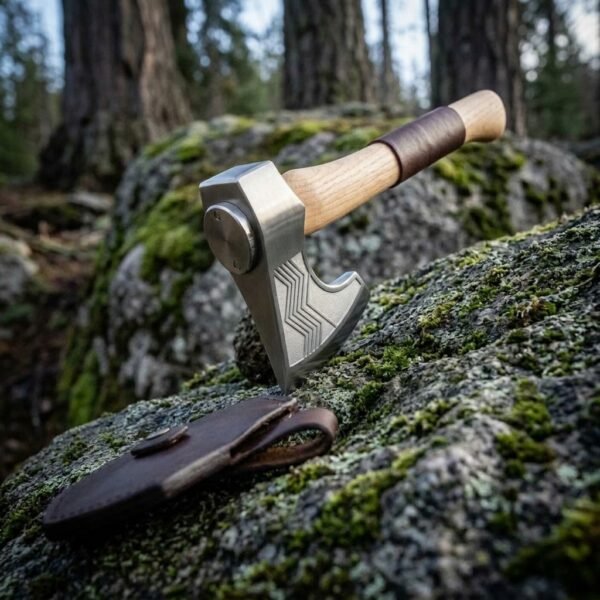 High carbon steel hand axe with chevron etched cheek and hammer poll standing on a mossy boulder beside its leather mask