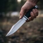 High carbon steel sawback bowie knife with clip point, etched panel and black cord wrapped grip held in a hand outdoors