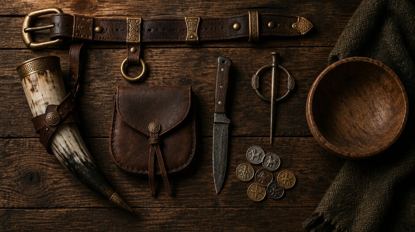 Historical reenactment gear laid out on aged oak planks including belt knife and drinking horn
