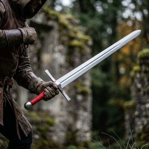 Hooded fighter holding a nylon longsword waster with red cord grip and steel cross guard in an overgrown ruin