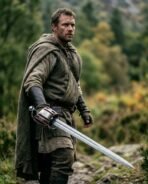 Hooded man walking a mountain path with a Damascus short sword fitted with a pierced shell guard and red panels