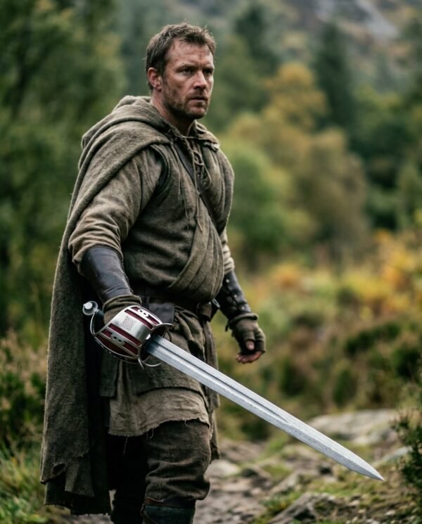 Hooded man walking a mountain path with a Damascus short sword fitted with a pierced shell guard and red panels