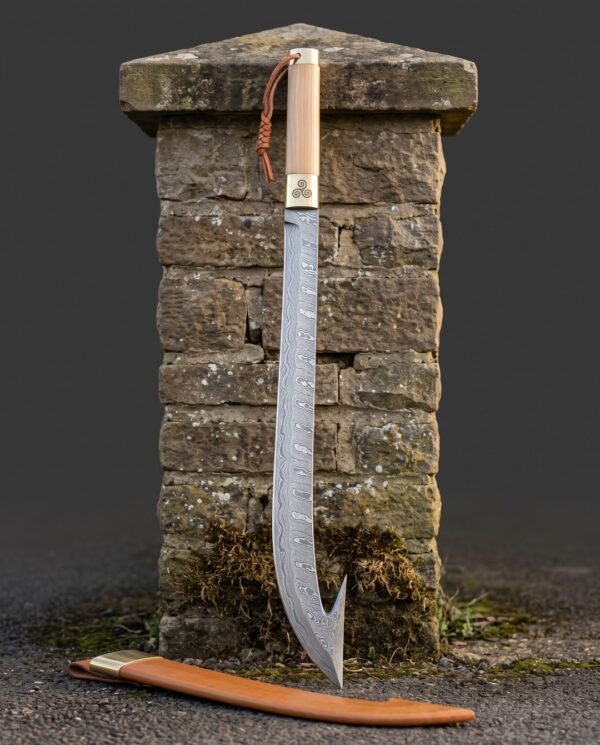 Talonsweep Hand Forged Damascus Sabre | 36 Inch Overall with 26 Inch Hooked Curved Blade | Hardwood Grip, Triskele Brass Ferrule and Leather Scabbard | Collector Gift | RK-1960