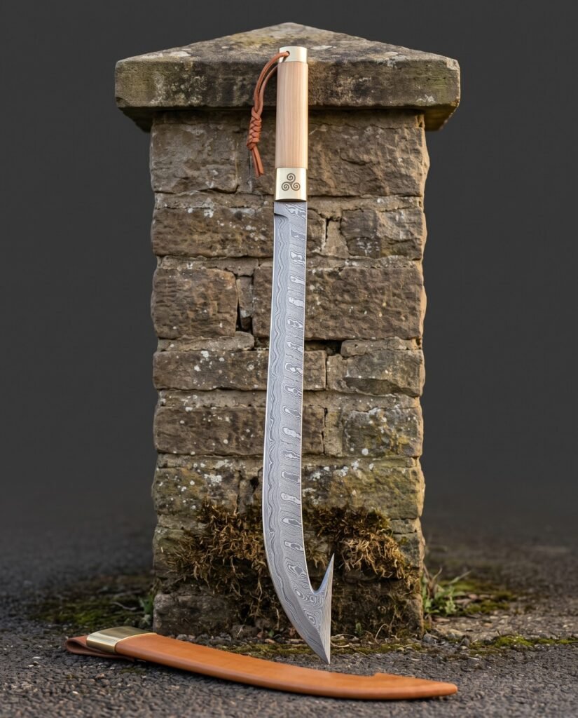 Hooked damascus sabre with a deeply curved pattern welded blade, pale hardwood grip and brass ferrule standing against a dry stone gatepost