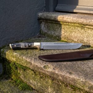 Horn handle damascus seax with a broken back blade, Elder Futhark runes at the ricasso, steel bolster, brass rear fitting and dark leather sheath on a mossy stone step