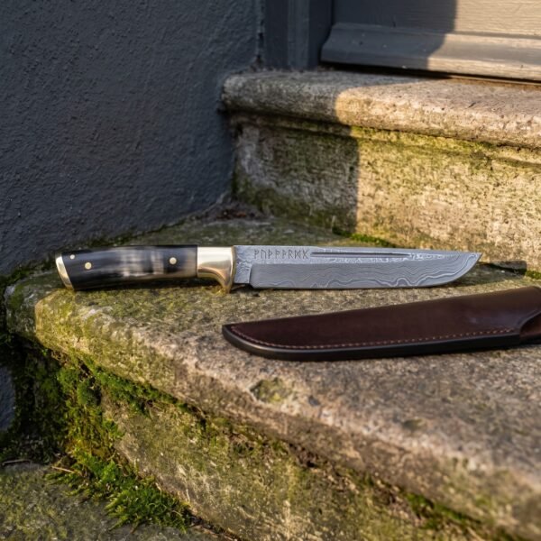 Hornsax Hand Forged Damascus Steel Broken Back Seax | 12 Inch Overall Length | Horn Handle with Rune Etched Blade and Brass Fittings | Norse Belt Knife Gift | RK-2157