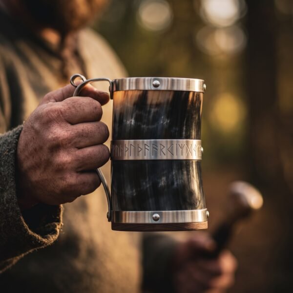 Horn tankard with steel bands, engraved rune band and steel handle held in a man's hand in warm evening light
