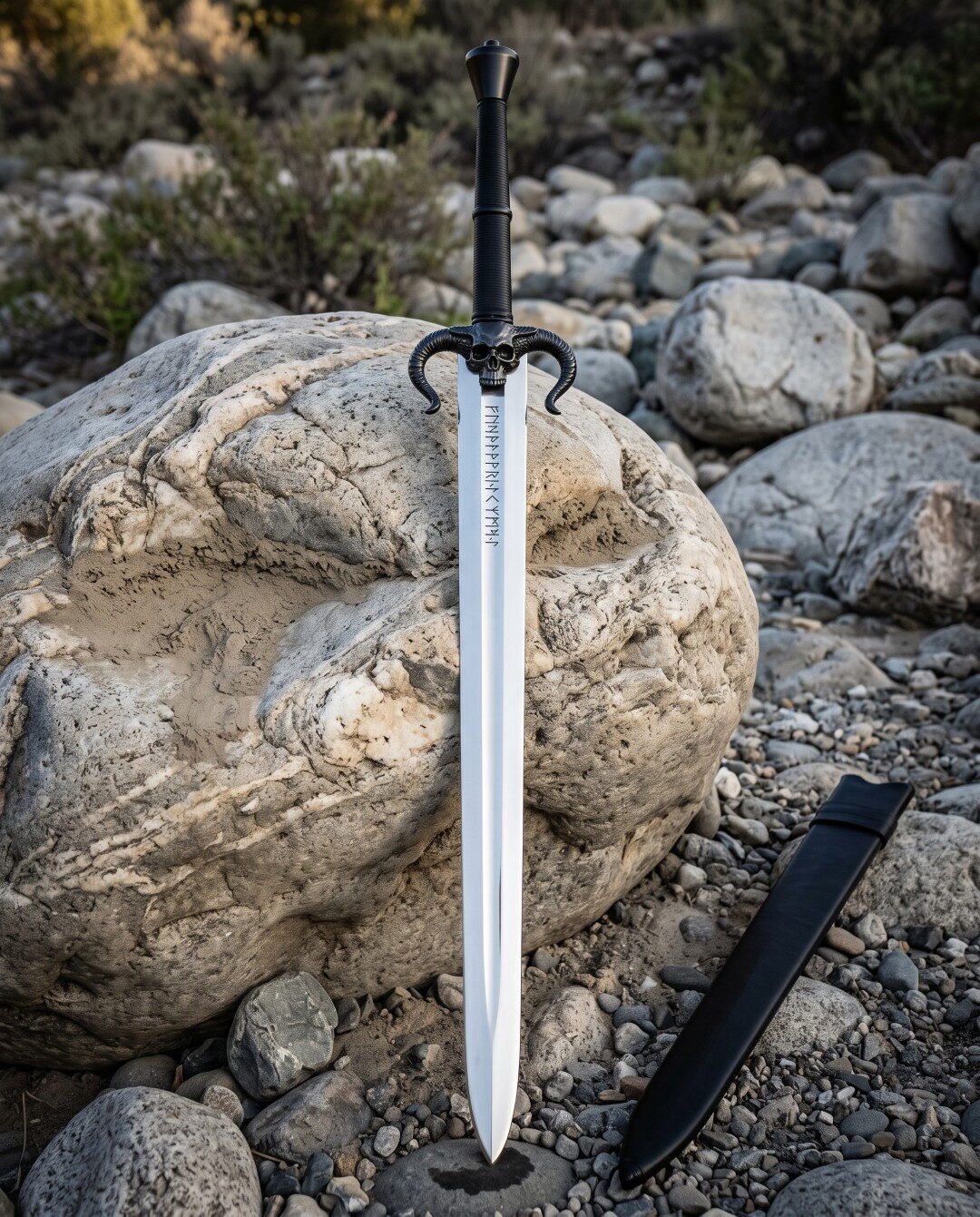 Horned skull sword with a blackened ram horn guard and rune etched blade standing upright on river boulders beside a pla Horned skull sword with a blackened ram horn guard and rune etched blade standing upright on river boulders beside a plain black leather scabbard