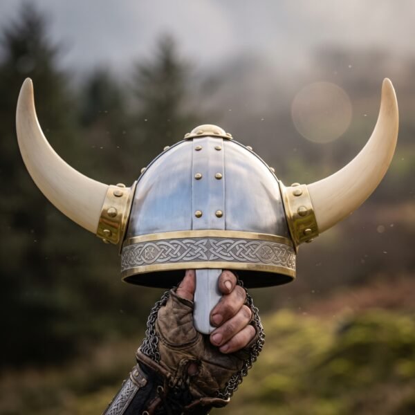 Horned Viking helmet with knotwork band held up by its nasal bar in a gloved hand against misty pine trees