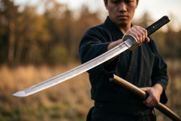 Japanese style sword with curved patterned blade, triskele engraved round guard and black cord wrapped grip held out