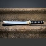 Japanese tanto sword with a mirror polished blade resting on a stone step, showing the engraved brass habaki, round brass tsuba, ray skin handle and black scabbard behind.