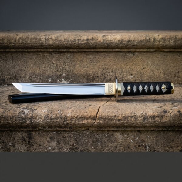 Japanese tanto sword with a mirror polished blade resting on a stone step, showing the engraved brass habaki, round brass tsuba, ray skin handle and black scabbard behind.