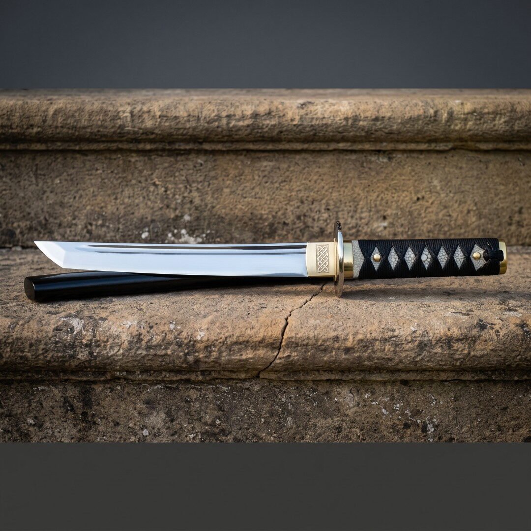 Japanese tanto sword with a mirror polished blade resting on a stone step, showing the engraved brass habaki, round bras Japanese tanto sword with a mirror polished blade resting on a stone step, showing the engraved brass habaki, round brass tsuba, ray skin handle and black scabbard behind.