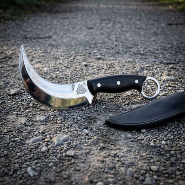 Karambit knife with deep curved blade and black handle lying on gravel, finger ring at the pommel and sheath beside it