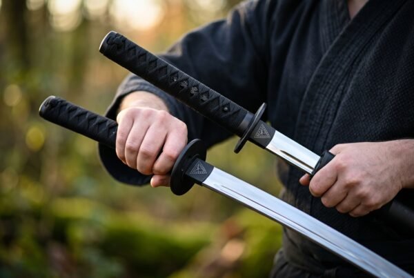 Katana and wakizashi with black cord wrapped handles held together by a man in a dark gi, both blades partly drawn