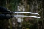 Two katana blades with a groove along the spine held out in gloved hands, dark scrub and rock out of focus behind