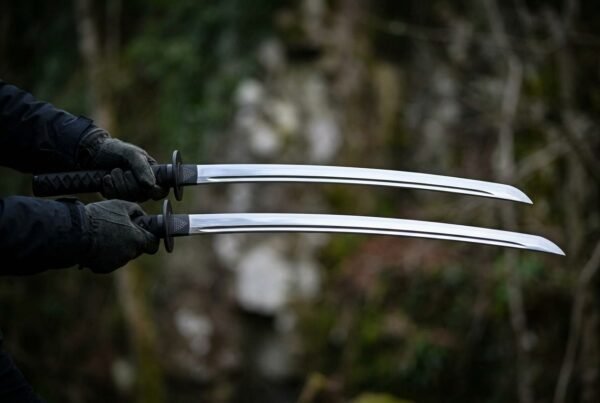 Two katana blades with a groove along the spine held out in gloved hands, dark scrub and rock out of focus behind