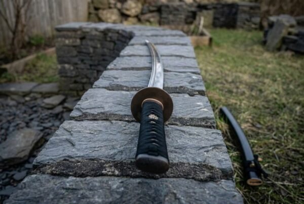 Katana with black cord wrapped handle and round dark tsuba lying along the top of a stone wall with its black saya on the grass