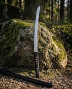 Katana with a patterned steel blade and brass collar leaning upright on a moss covered rock beside its black lacquered saya