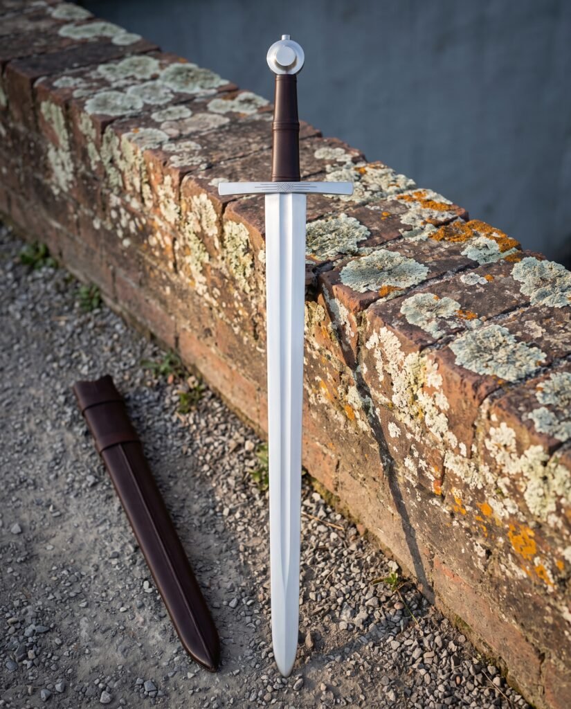 Knightly arming sword with a dished steel wheel pommel and brown leather grip standing against a lichen covered brick wall beside its plain brown leather scabbard