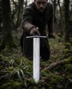 Knightly arming sword with straight cross guard held point down into moss by a bearded man in a dark padded coat