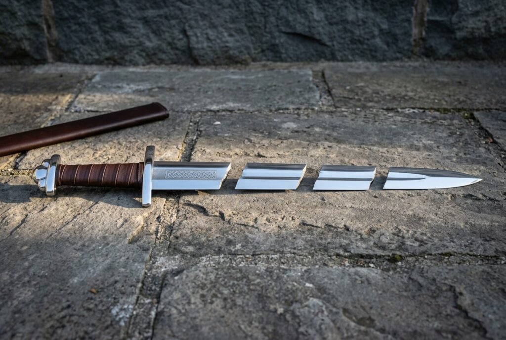 Knotwork arming sword with a brown wound leather grip and cut ring chain panel lying on grey paving stones beside a brown leather scabbard in low sun