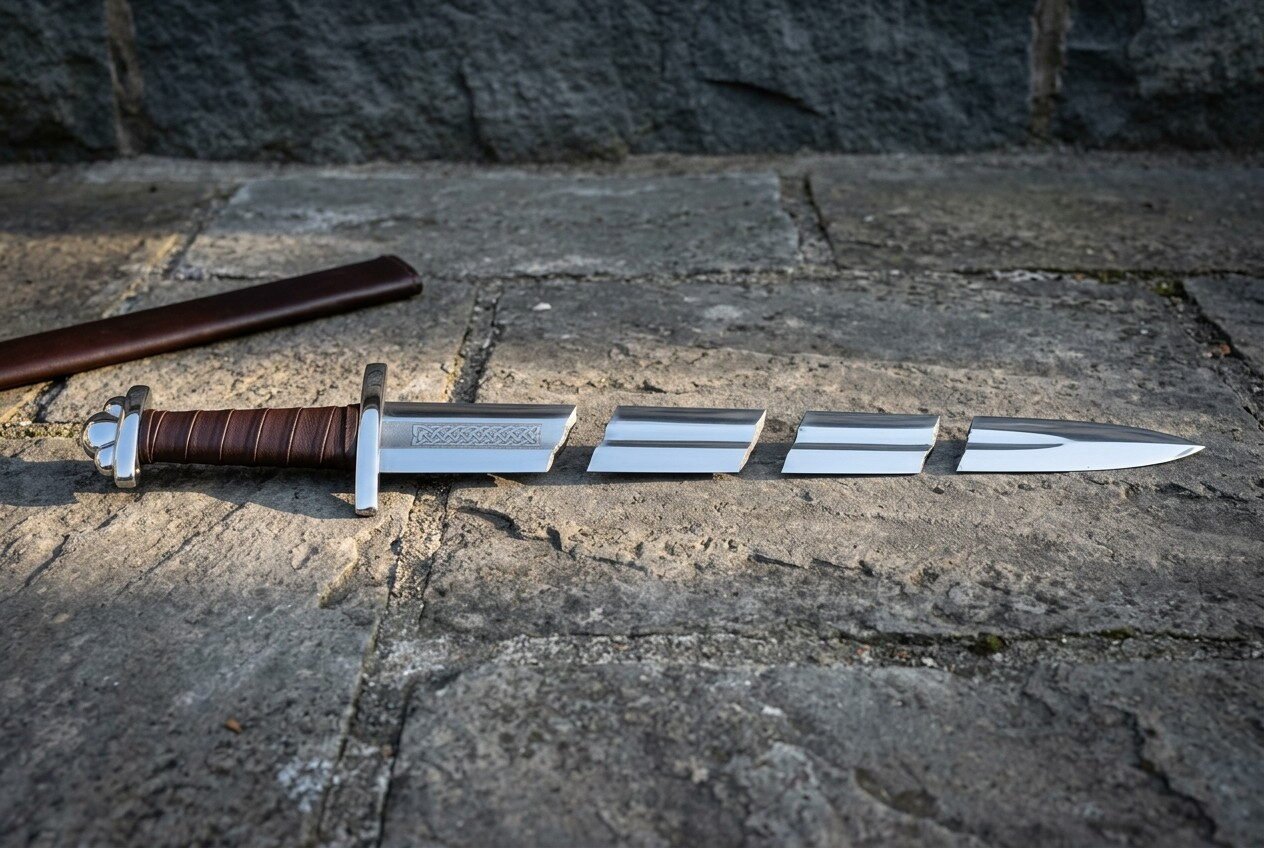 Knotwork arming sword with a brown wound leather grip and cut ring chain panel lying on grey paving stones beside a brow Knotwork arming sword with a brown wound leather grip and cut ring chain panel lying on grey paving stones beside a brown leather scabbard in low sun