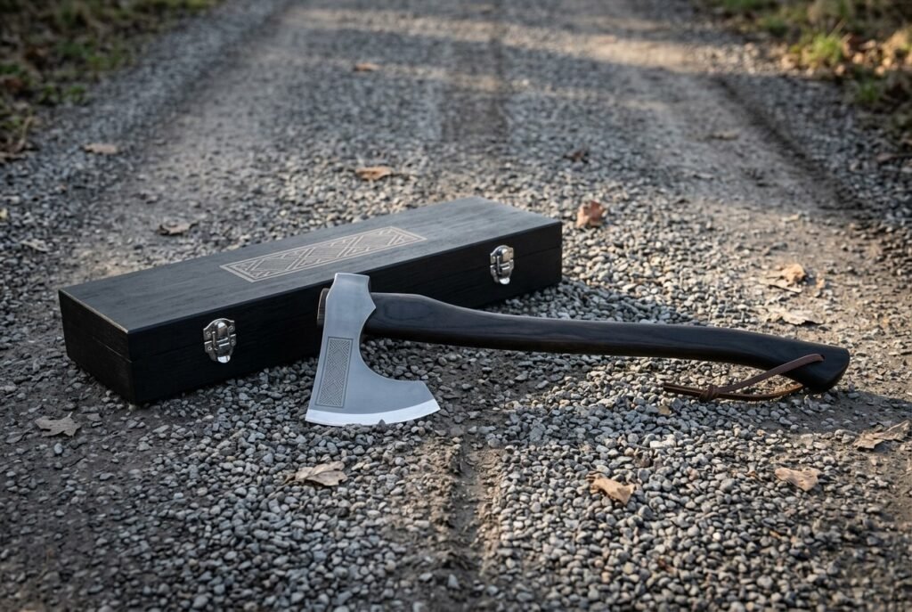 Knotwork bearded axe head in hand forged steel on a dark stained hardwood haft, resting on gravel beside a black engraved wooden presentation case