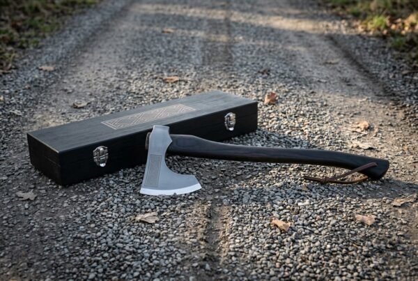Knotwork bearded axe head in hand forged steel on a dark stained hardwood haft, resting on gravel beside a black engraved wooden presentation case