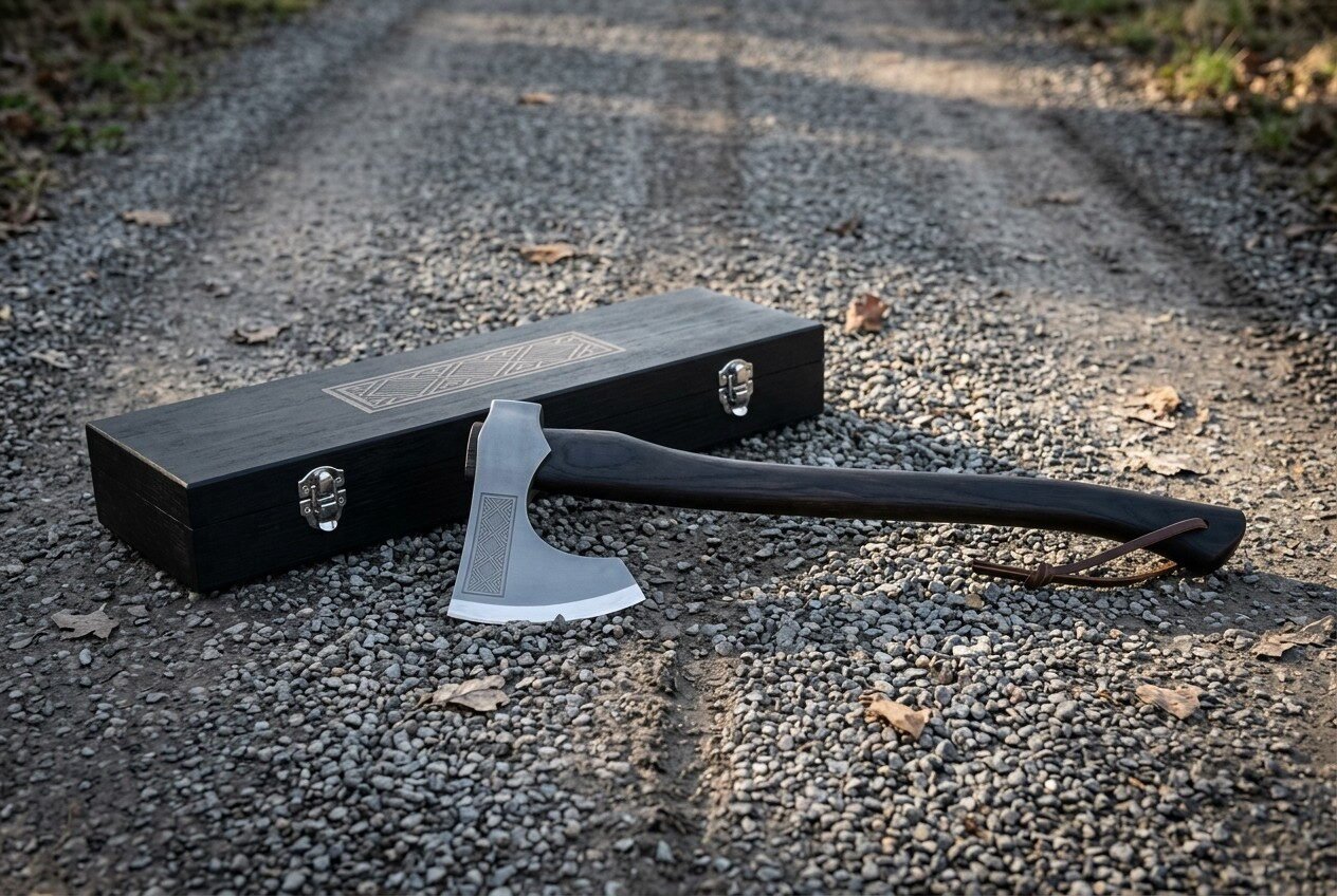Knotwork bearded axe head in hand forged steel on a dark stained hardwood haft, resting on gravel beside a black engrave Knotwork bearded axe head in hand forged steel on a dark stained hardwood haft, resting on gravel beside a black engraved wooden presentation case