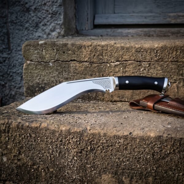 Knotwork bolster kukri knife in polished 1095 steel with black micarta scales and steel pommel cap resting on a stone step beside its brown leather sheath