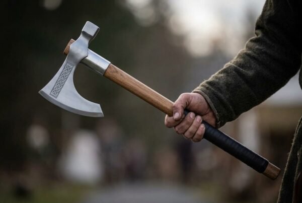 Knotwork engraved bearded axe with hammer poll and steel collar held out in one hand on a woodland path