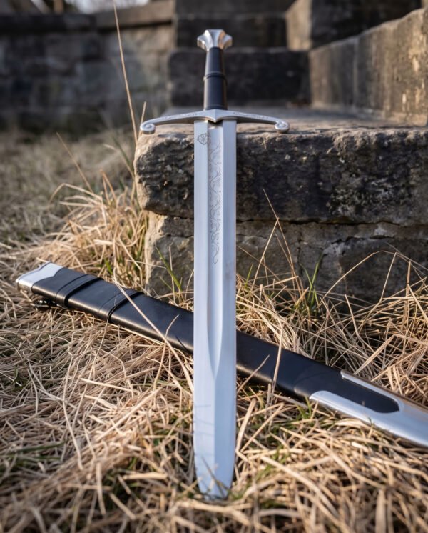 Knotwork etched longsword in polished steel standing upright against a weathered stone step with its black leather scabbard lying across the dry winter grass