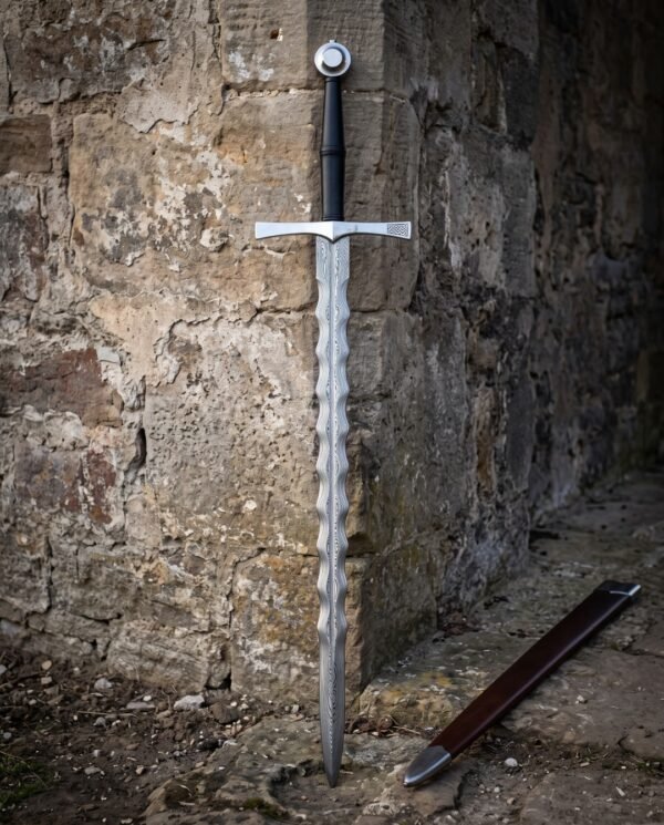 Knotwork flamberge sword with a forged Damascus wave blade, cut knotwork guard panel and steel wheel pommel standing against an old sandstone wall beside its scabbard