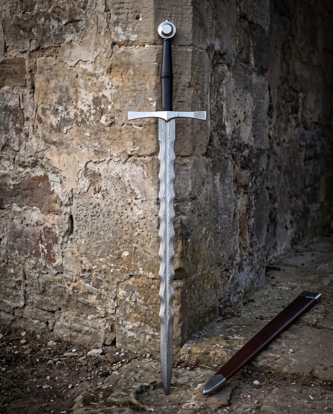 Knotwork flamberge sword with a forged Damascus wave blade, cut knotwork guard panel and steel wheel pommel standing aga Knotwork flamberge sword with a forged Damascus wave blade, cut knotwork guard panel and steel wheel pommel standing against an old sandstone wall beside its scabbard