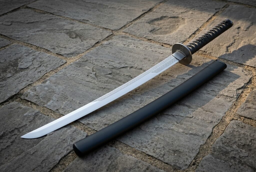 Knotwork katana with a mirror polished 1095 steel blade, etched Norse band, blackened round tsuba and black cord handle lying on grey flagstones beside its saya