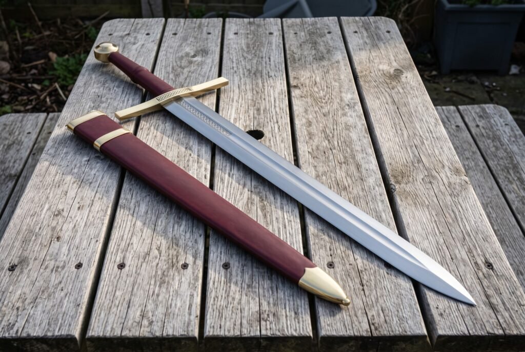 Knotwork knightly sword with a brass wheel pommel and burgundy leather grip lying on a weathered wooden table beside its matching burgundy and brass scabbard