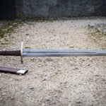 Knotmere Hand Forged Damascus Arming Sword with Brown Leather Grip | Etched Knotwork Panel and Brazil Nut Pommel | Brown Leather Scabbard | Medieval Collector Gift | RK-2071