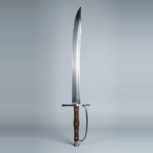 Kriegsmesser trainer with a curved clipped point blade, knuckle bow, walnut scales on five brass rivets and a trumpet butt cap standing point up against a plain grey studio backdrop