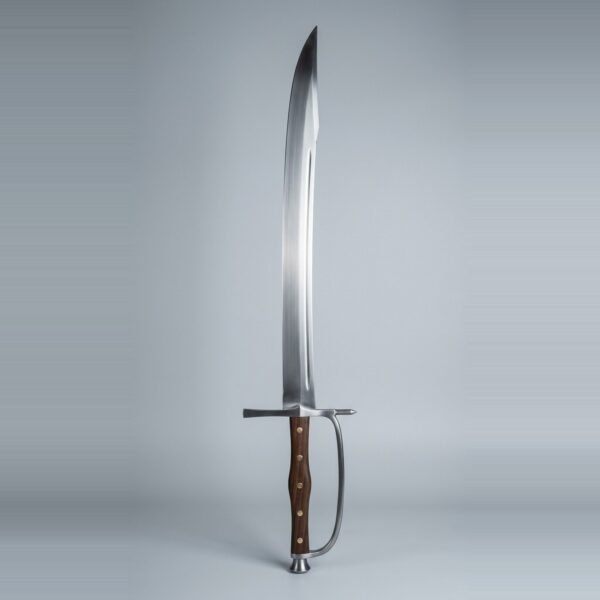 Kriegsmesser trainer with a curved clipped point blade, knuckle bow, walnut scales on five brass rivets and a trumpet butt cap standing point up against a plain grey studio backdrop