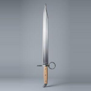 Langes messer trainer with a large ring nagel, three brass rivets through pale wood scales, clipped point and beak shaped butt cap on a plain grey studio backdrop