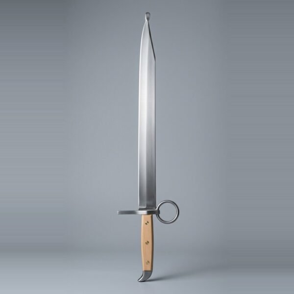 Langes messer trainer with a large ring nagel, three brass rivets through pale wood scales, clipped point and beak shaped butt cap on a plain grey studio backdrop