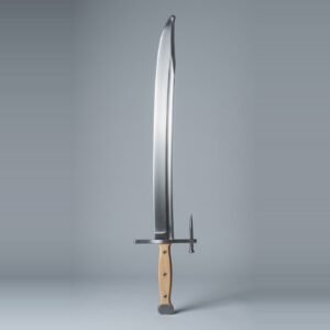 Langes messer trainer with a long forward angled nagel spike, rounded clipped point and blonde wood scales on three rivets standing point up against a plain grey studio backdrop