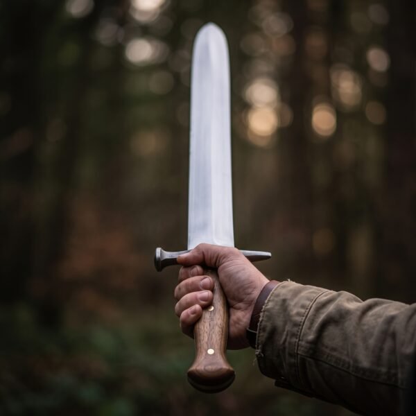Langes messer trainer with rounded tip and riveted brown scale grip held upright in a dark forest