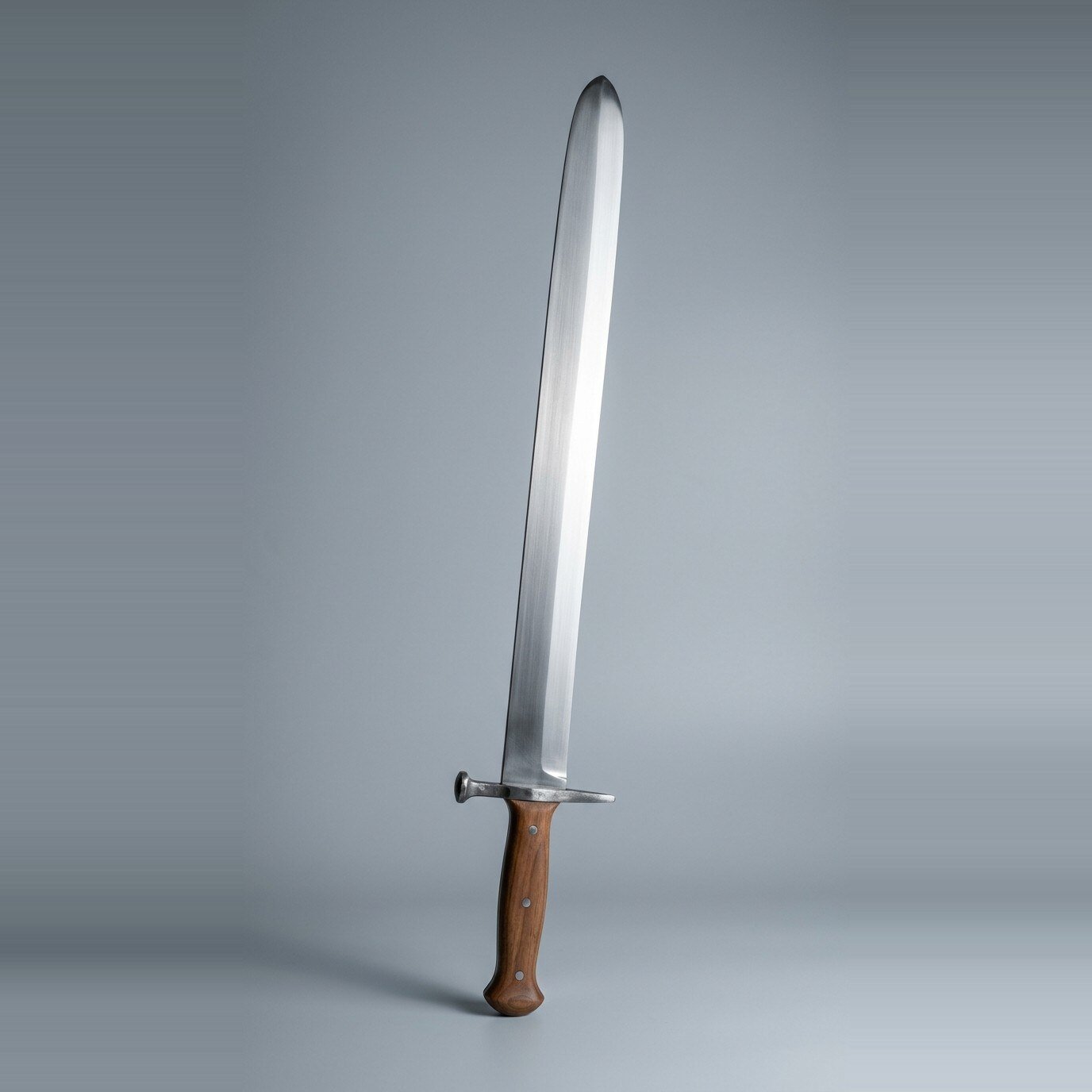 Molgarth langes messer trainer Langes messer trainer with a rounded tip, mushroom head nagel and brown scales on three steel rivets standing point up against a plain grey studio backdrop