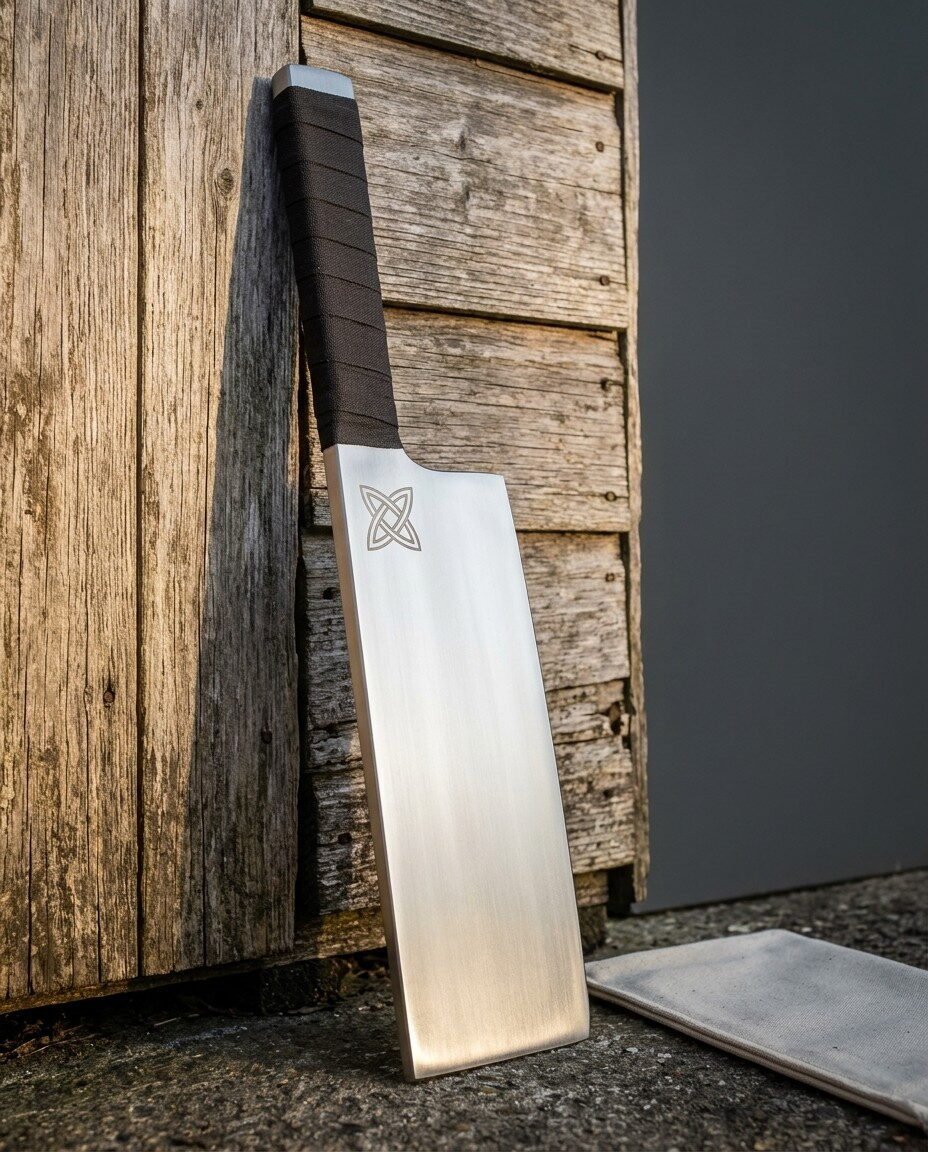 Large hand forged viking cleaver with a Celtic knot engraved on a satin blade and a dark cord wrapped handle leaning aga Large hand forged viking cleaver with a Celtic knot engraved on a satin blade and a dark cord wrapped handle leaning against weathered barn boards beside a canvas roll